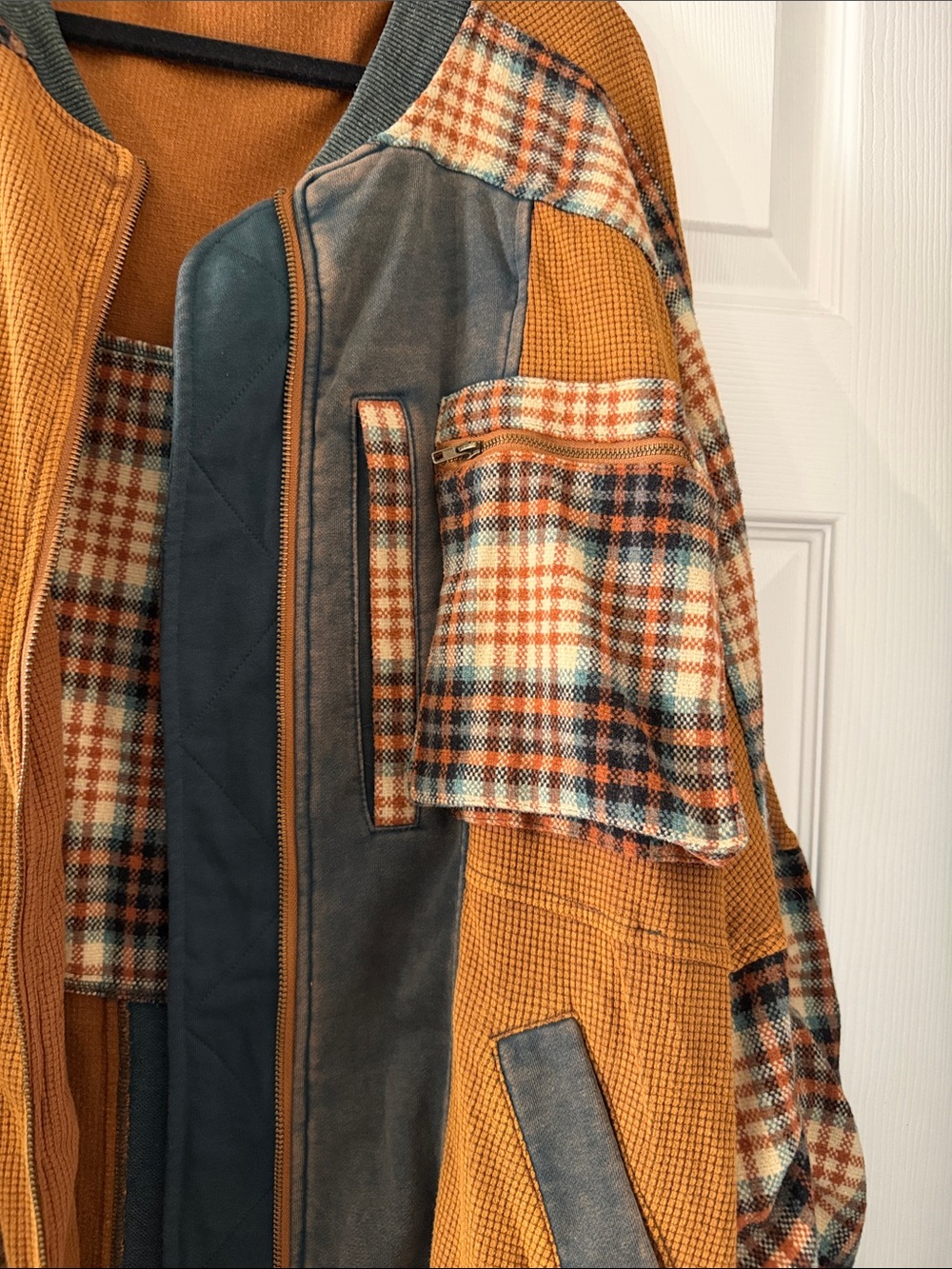 Oli & Hali Patchwork Oversized Bomber Jacket in Mustard & Slate - Picture 4 of 5
